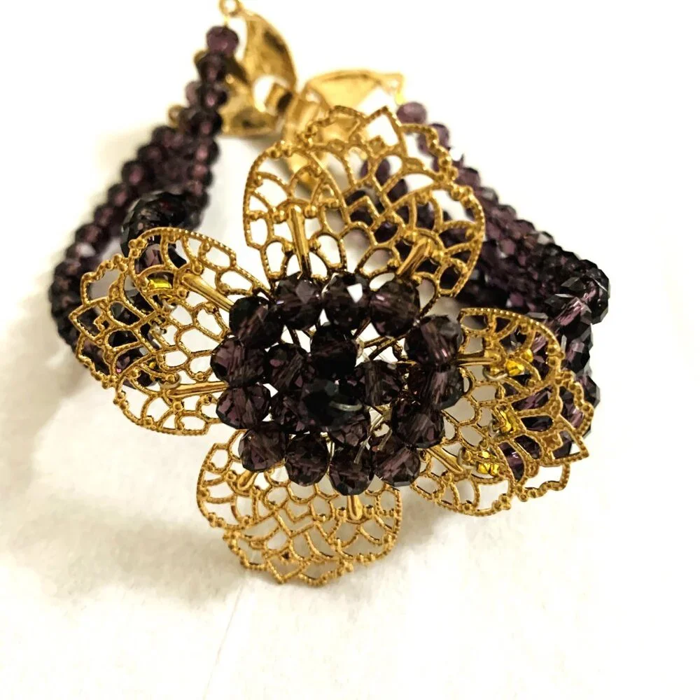 Bracelet Cuff Gold Purple Filigree Flower Triple Strand Beads Glamour 1980s